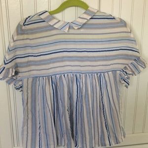 Zara blue and yellow striped peplum ruffle blouse